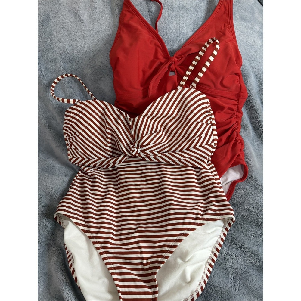 Kona Sol Lot of 2 One-Piece Swimsuits Red and Striped Summer Beach EUC
